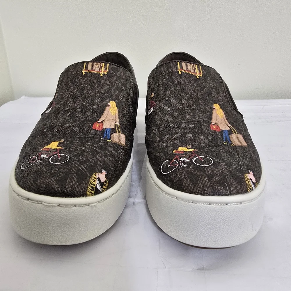 MICHAEL KORS size 7 Jet Set Trent Travel Print Logo Slip On‎ Shoes Brown
